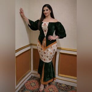 Elegant Green and Orange Off-Shoulder Dress